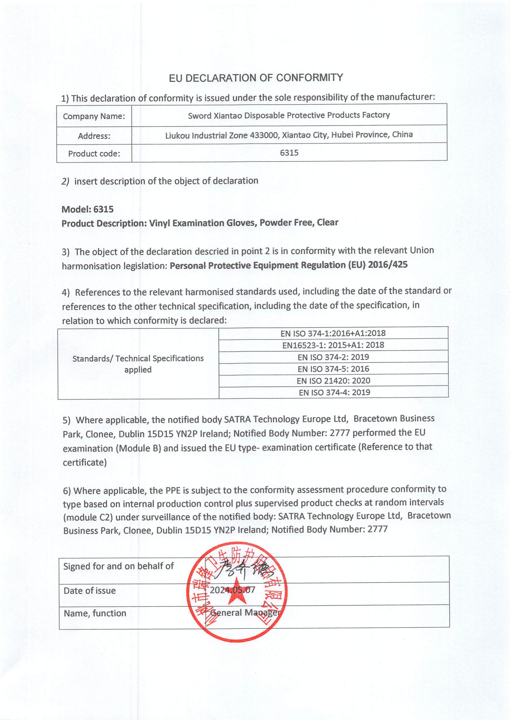 EU Declaration of Conformity --6315 Vinyl Examination Gloves